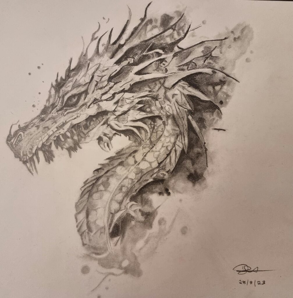Detailed pencil drawing of a dragon’s head and neck with sharp scales, smoky textures, and dramatic shading.